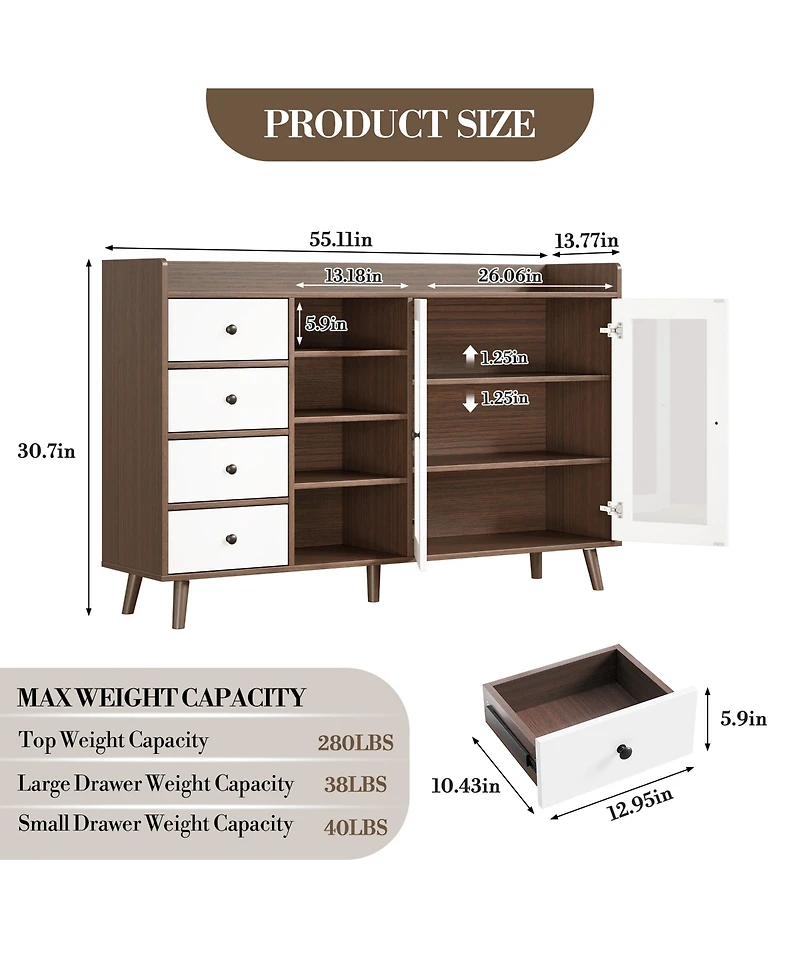 homfan Glass Door Sideboard Cabinet with Grille Design, Buffet Server Storage Shelves for Dining Room Living