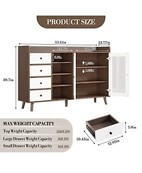 homfan Glass Door Sideboard Cabinet with Grille Design, Buffet Server Storage Shelves for Dining Room Living