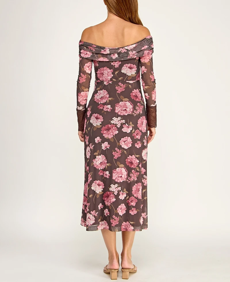 Trixxi Juniors' Off-The-Shoulder Long-Sleeve Mesh Dress