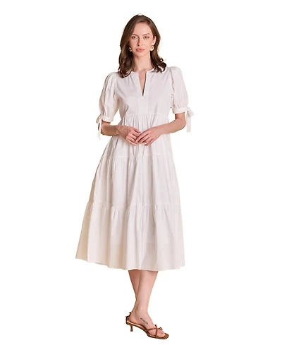 English Factory Women's Tiered Midi Dress With Bow Tie Sleeves