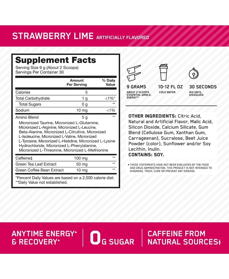Optimum Nutrition Amino Energy, Pre Workout with Tea, Bcaa, Amino Acids, Keto Friendly, Coffee Extract, Strawberry Lime, 30 Servings