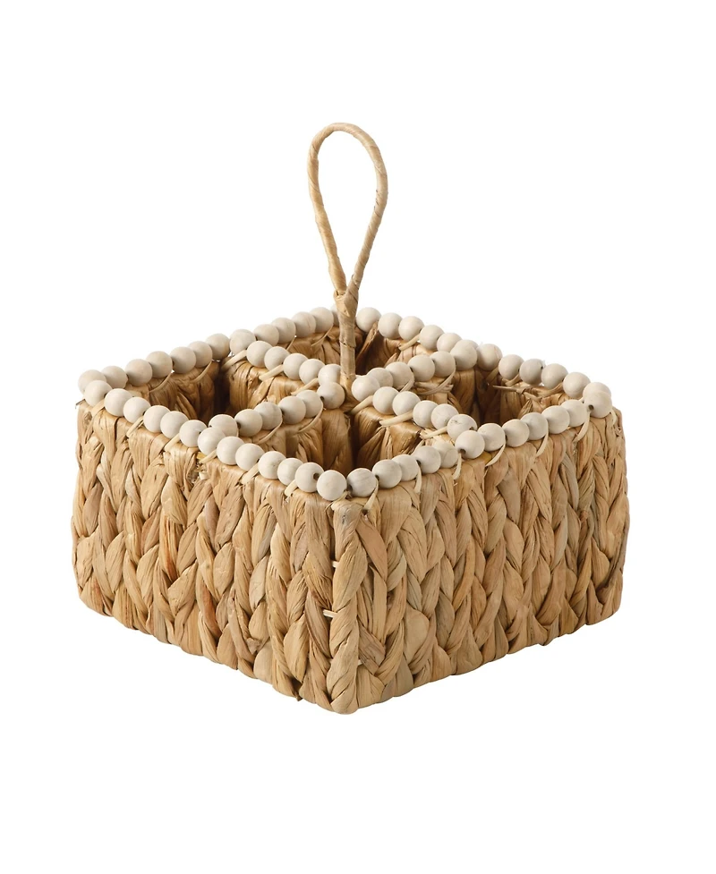 Gibson Home Woven Utensil Caddy with 4 Compartments, Hand-Braided Water Hyacinth Basket with Wood-Bead Trim