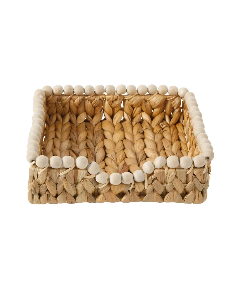 Gibson Home Woven Decorative Napkin Holder Tray - Water Hyacinth Square Basket with Wood-Bead Trim for Napkins