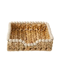 Gibson Home Woven Decorative Napkin Holder Tray - Water Hyacinth Square Basket with Wood-Bead Trim for Napkins