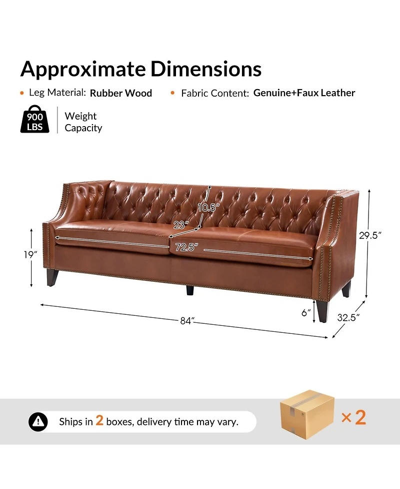 Hulala Home Theotis 84"W Chesterfield Button-Tufting Genuine Leather Sofa with Solid Wood Legs