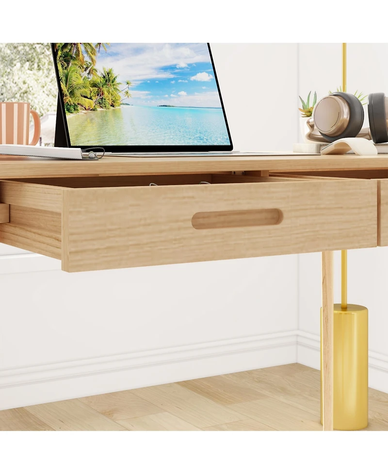 Homsee Writing Desk with 2 Slim Drawers - Large Office Rubber Wood Legs Modern Mdf Study Table Easy Assembly