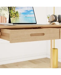 Homsee Writing Desk with 2 Slim Drawers - Large Office Rubber Wood Legs Modern Mdf Study Table Easy Assembly