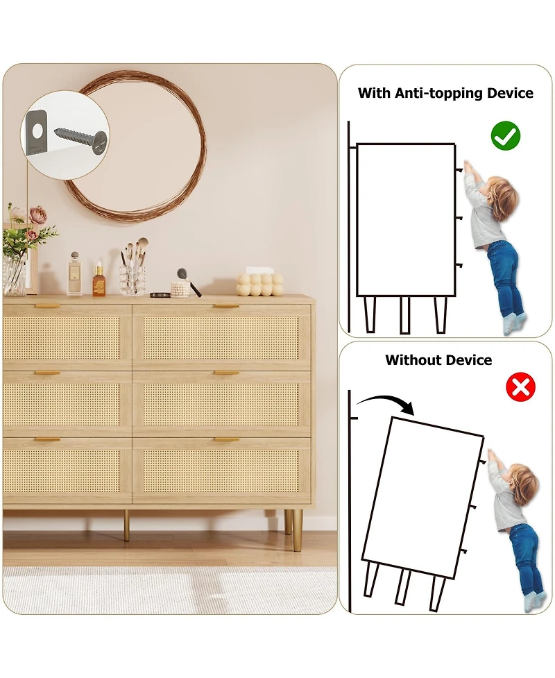 gaomon Natural Rattan 6 Drawer Dresser for Bedroom, Chest of Drawers with Legs and Handles