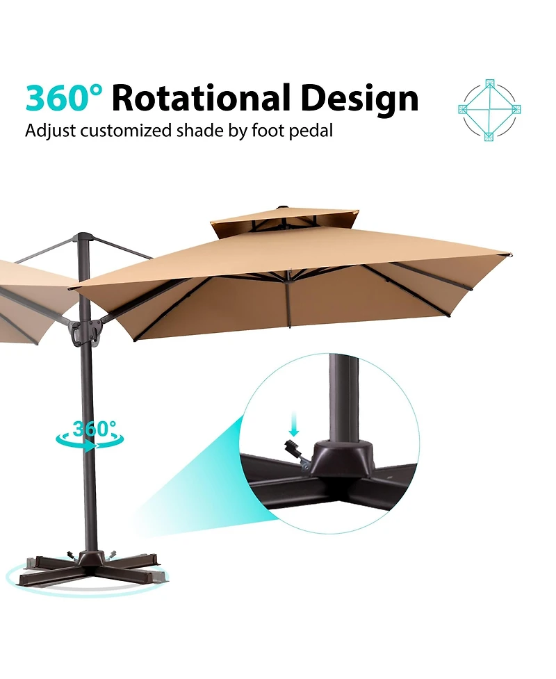 Pellebant Outdoor Patio Double Top 10x10Feet Square Aluminum Cantilever Umbrella with Wheel Base