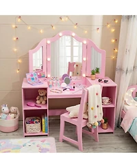 homfan 2-in-1 Vanity Table and Chair Set, Tri-Folding Lighted Mirror, Storage Drawer, High Back Chair, Convertible Desk, Ideal Gift for Toddlers