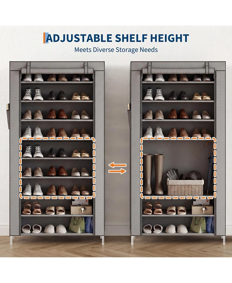 Homfan 9-Tier Shoe Rack with Storage Shelves, Iron Coat Rack and Garment Organizer, Freestanding Closet Tower for Bedroom and Entryway,