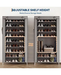 Homfan 9-Tier Shoe Rack with Storage Shelves, Iron Coat Rack and Garment Organizer, Freestanding Closet Tower for Bedroom and Entryway,