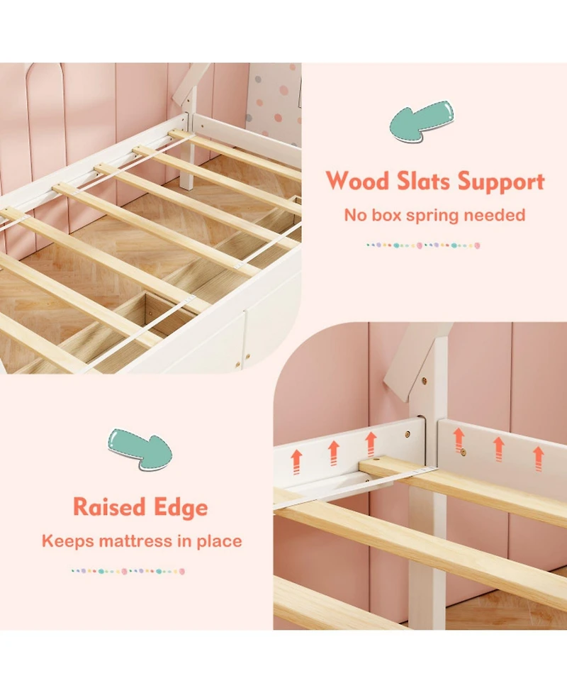 Gouun Twin Wooden House Bed Platform Frame 2 Storage Drawers Kids