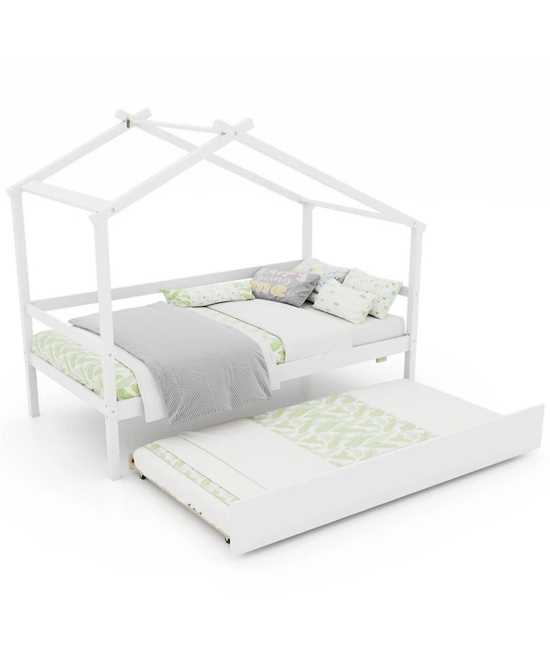 Gouun Twin House Bed Frame Trundle Roof 8 Plywood Slats Kids Guardrail