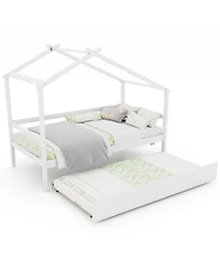 Gouun Twin House Bed Frame Trundle Roof 8 Plywood Slats Kids Guardrail