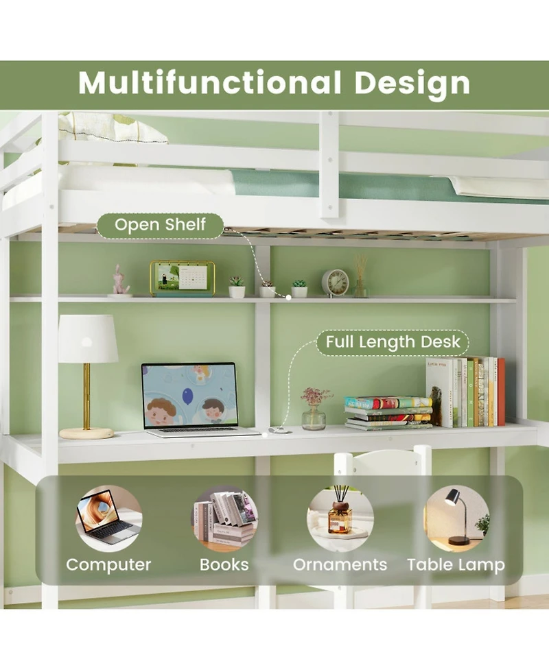Gouun Twin Kids Loft Bed with Built-In Desk and Storage Shelf