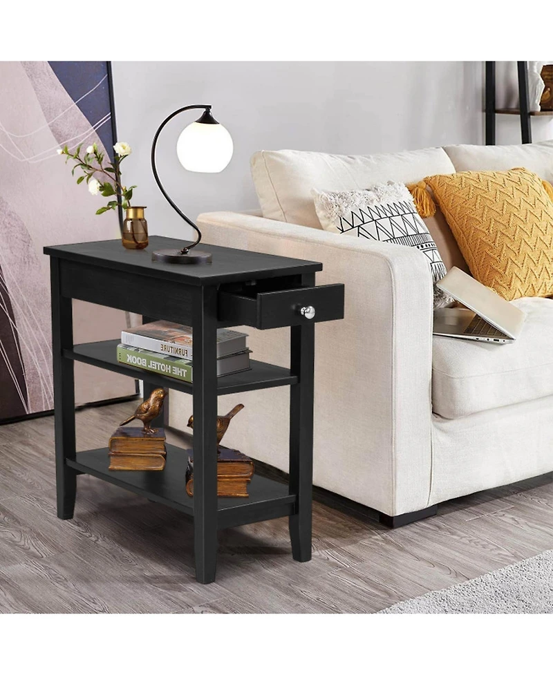 Gouun Side End Table with Drawer and 2-Tier Open Storage Shelves