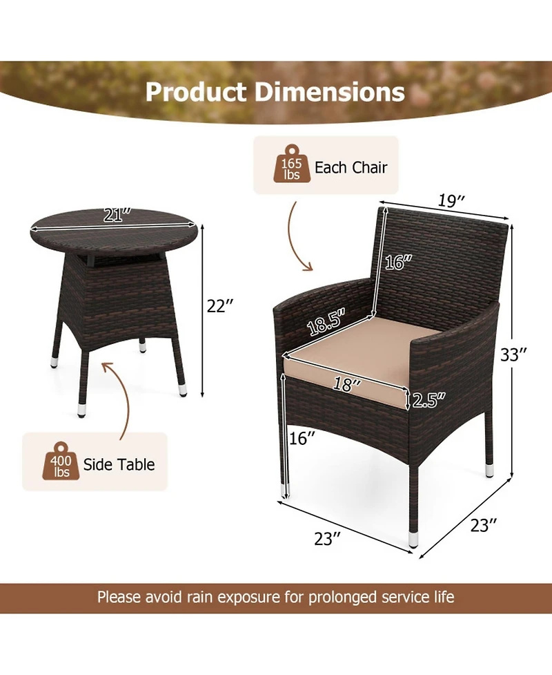 Gouun 3-Piece Patio Bistro Set with 2 Woven Chairs and Round Side Table