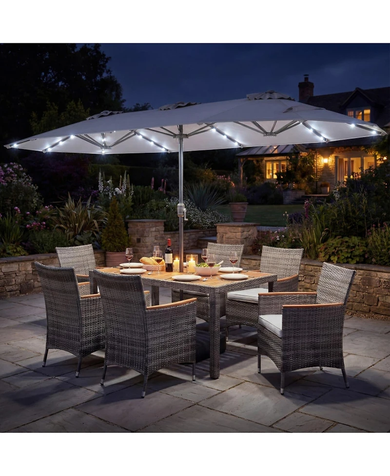 Gouun 8-Piece Outdoor Wicker Dining Set with 13.5 Ft Double-Sided Solar Led Umbrella