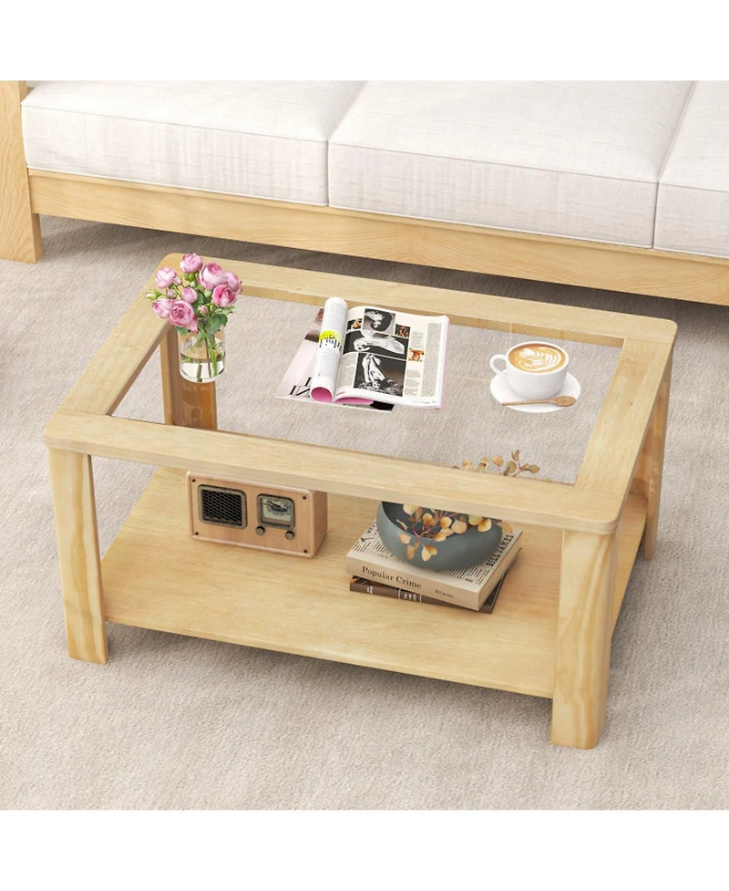 Gouun 2-Tier Rectangular Coffee Table with Tempered Glass Top