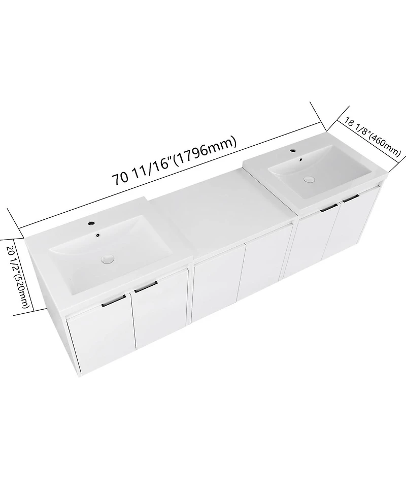 Sillysis 71 Inch Wall Mounted Double Sink Bathroom Vanity with Resin Basins, Soft Close Doors, Water-Resistant Cabinet