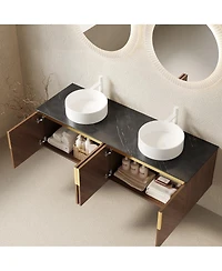 Sillysis 60 Inch Double Sink Bathroom Vanity, Sintered Stone Top, Double Ceramic Vessel Sink