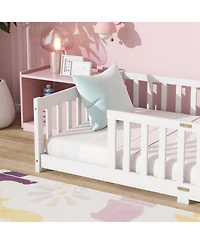 Sailvan Twin Floor Bed with Fence,Solid Rubber Wood Kids Bed Frame