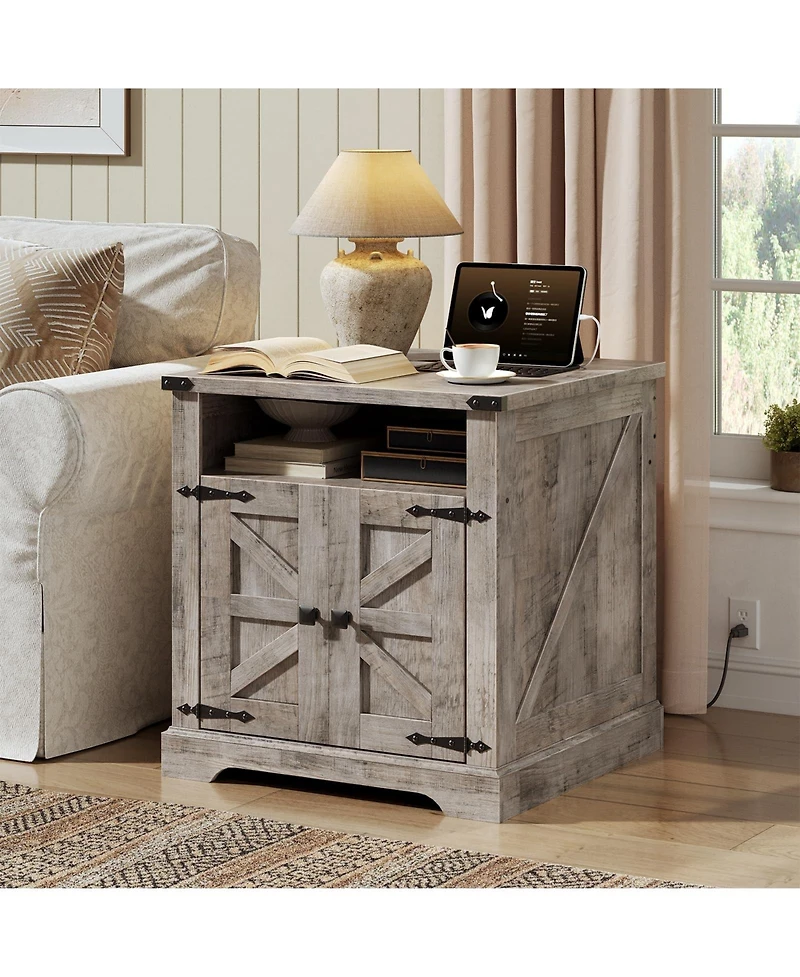 Slickblue Wooden Farmhouse Bedside Table 23.6 Inch with Charging Station