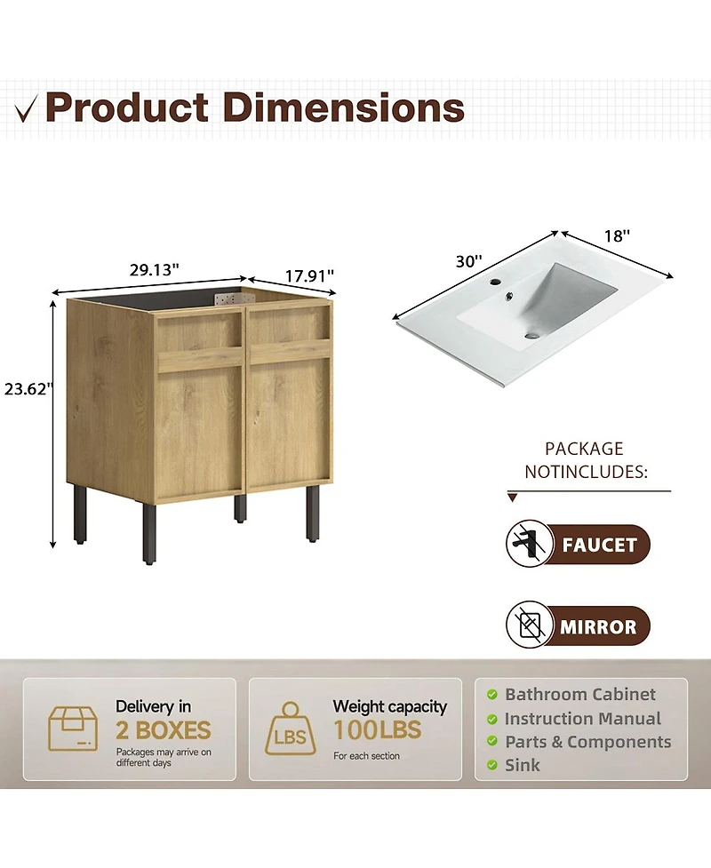 Sillysis 30 Inch Freestanding Bathroom Vanity with Ceramic Sink, 3D Texture Panels, Modern Mdf Cabinet for Small Spaces