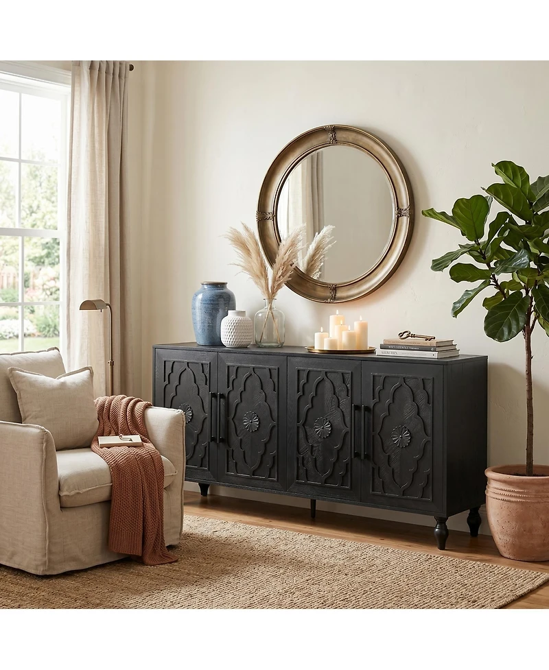 Clihome 63'' Large Storage Cabinet with Metal Handle, Carved Flower Doors, Wooden Mordern Sideboard Console Adjustable Shelves