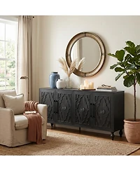 Clihome 63'' Large Storage Cabinet with Metal Handle, Carved Flower Doors, Wooden Mordern Sideboard Console Adjustable Shelves