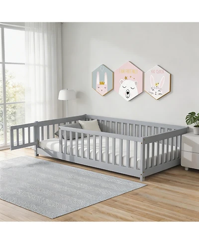 Sailvan Twin Floor Bed with Fence and Door,Solid Wood Kids Frame for Toddlers