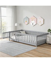 Sailvan Twin Floor Bed with Fence and Door,Solid Wood Kids Frame for Toddlers