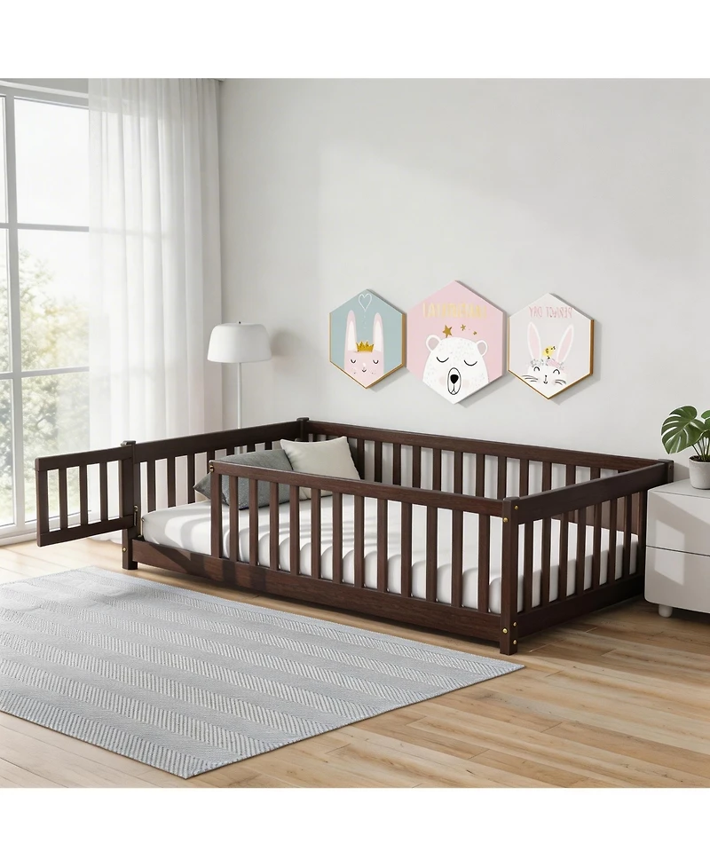 Sailvan Twin Floor Bed with Fence and Door,Solid Wood Kids Frame for Toddlers