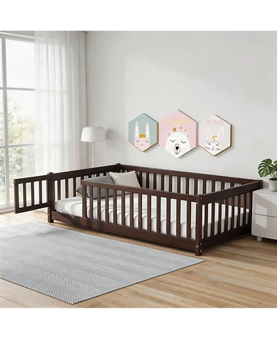 Sailvan Twin Floor Bed with Fence and Door,Solid Wood Kids Frame for Toddlers