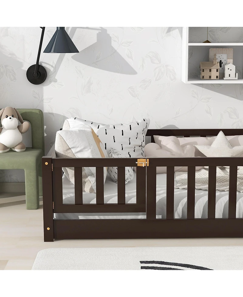 Sailvan Twin Floor Bed with Fence and Door,Solid Wood Kids Frame for Toddlers