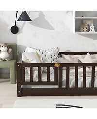 Sailvan Twin Floor Bed with Fence and Door,Solid Wood Kids Frame for Toddlers