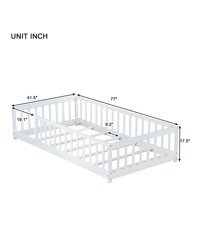 Sailvan Twin Floor Bed with Safety Guardrails,Solid Rubber Wood Fence Kids Bed Frame