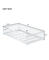 Sailvan Twin Floor Bed with Safety Guardrails,Solid Rubber Wood Fence Kids Bed Frame