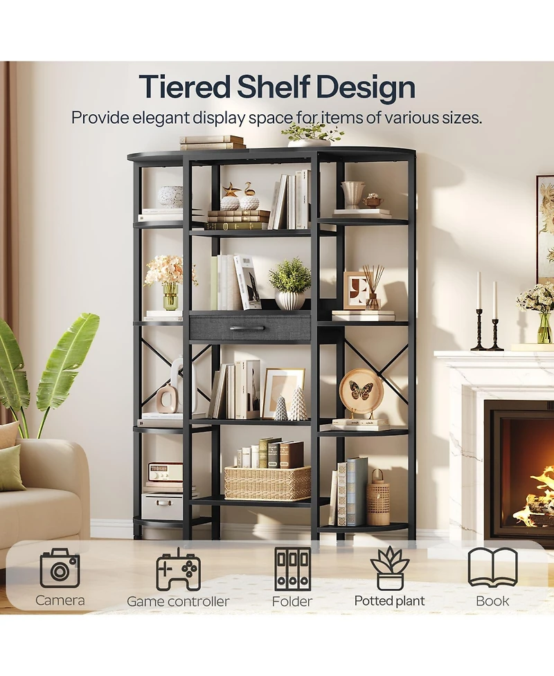 Slickblue Tall Bookcase with 12 Open Shelves and Fabric Storage Drawer