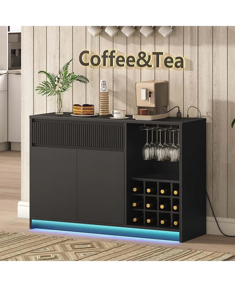 Slickblue Coffee Bar Cabinet with Led Lights and Charging Station Storage Unit
