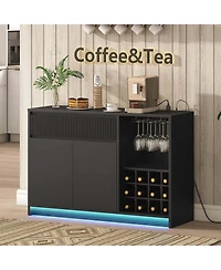 Slickblue Coffee Bar Cabinet with Led Lights and Charging Station Storage Unit