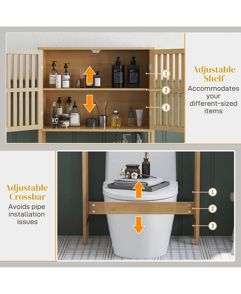 Midola Over the Toilet Cabinet, Bamboo Bathroom Above Toilet Storage with Slatted Doors and Adjustable Shelf for Bathroom