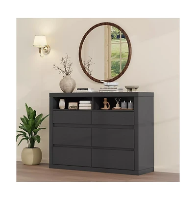 homfan 6 Drawer Dresser for Bedroom, Modern Mid Century Chest of Drawers with 2 Open Shelves, 47" Wooden Double Tv Stand Closet