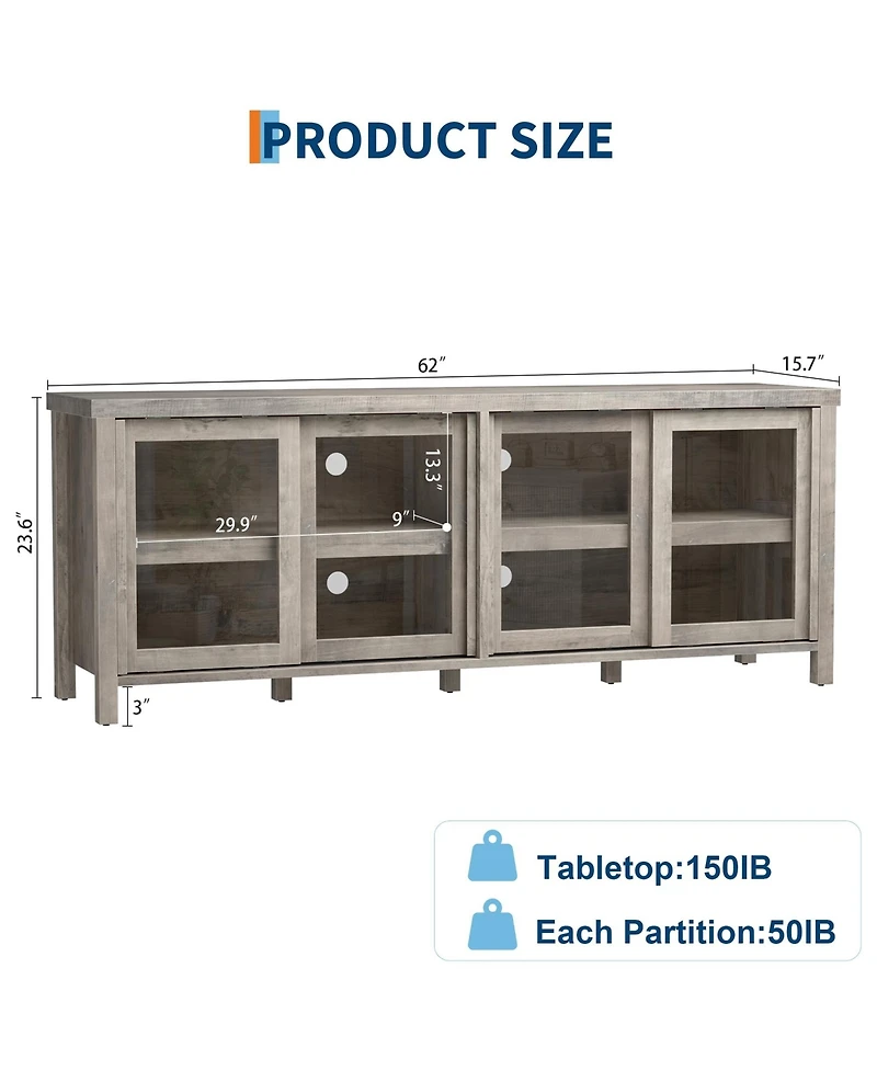 homfan Modern Tv Stand for 65 Inch, Entertainment Center with Storage Cabinet, 4 Sliding Glass Doors, Mid Century Media Console Table for Living Room