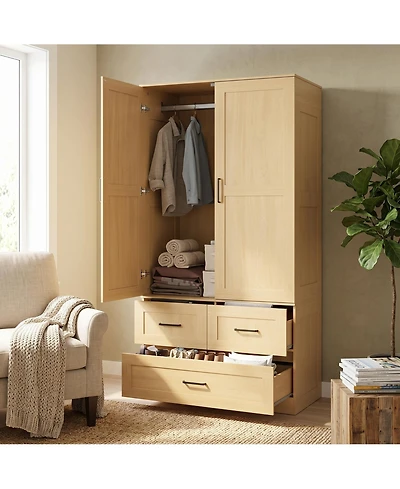 homfan Modern Wooden Wardrobe Closet for Bedroom, 70" Freestanding Armoire Cabinet with Hanging Rod, 3 Deep Storage Drawers, Tall Clothes Organizer