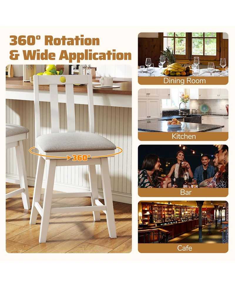 Gymax Set of 2 25'' Swivel Counter Height Chairs with Upholstered Seat Rubber Wood Frame