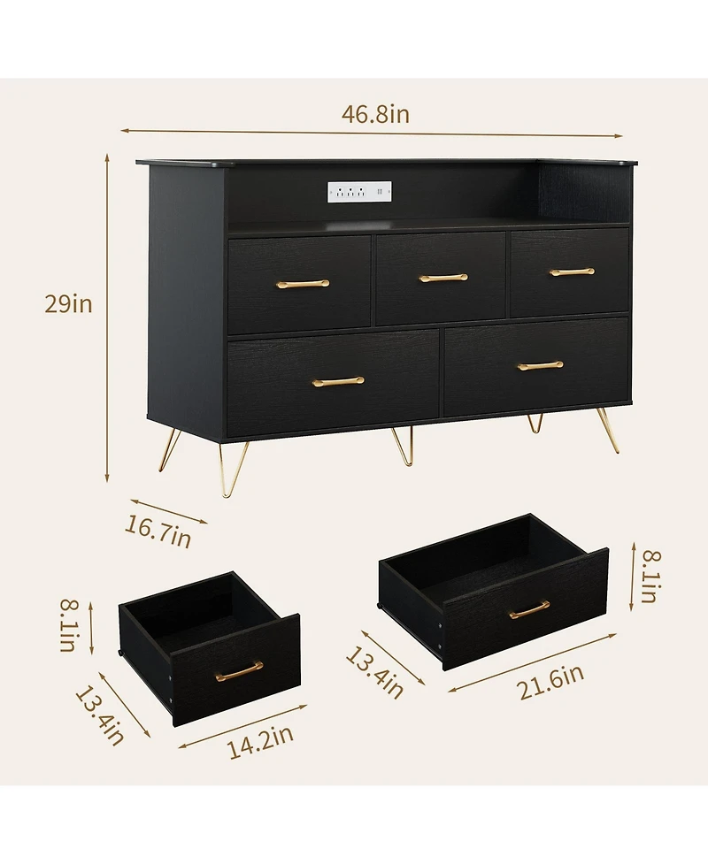homfan 5 Drawer Dresser with Led Light and Charging Station, Wide Storage Chest for Bedroom, Entryway, Hallway, Living Room