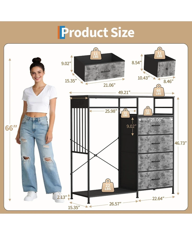homfan 6 Drawer Dresser, 49 Inch Wood Tall Storage Cabinet with Hanging Rack and Led Lights for Bedroom Living Room Entryway