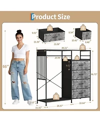 homfan 6 Drawer Dresser, 49 Inch Wood Tall Storage Cabinet with Hanging Rack and Led Lights for Bedroom Living Room Entryway
